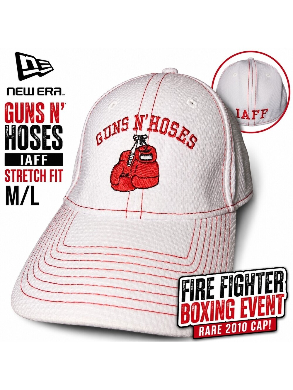 New Era Guns N Hoses IAFF Hat M/L White Red Firefighter Boxing Cap Stretch Fit